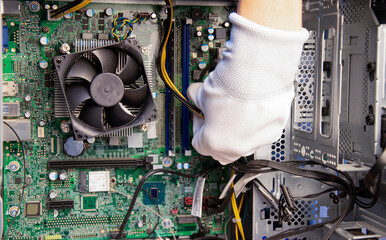 Poster - top view mechanic repairing computer