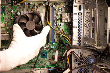 Poster - top view mechanic repairing computer