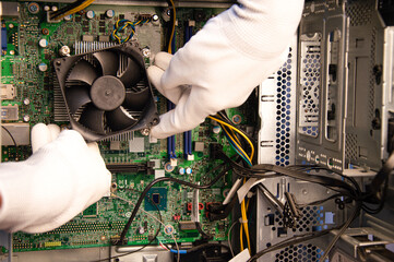 Poster - top view mechanic repairing computer