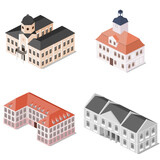 Fototapeta  - Set of city halls, town halls, residentals, isometric architecture.