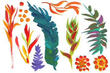 Wall Mural - Collection of tropical flower branches and leaves painted with bright colors