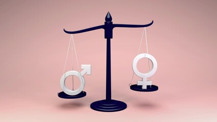 Wall Mural - gender equality - weight scale with gender signs showing equal balancing weight. 3d render animation