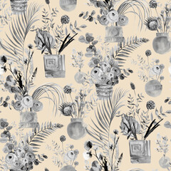  Watercolor pattern in black and white shades with branches of dried flowers