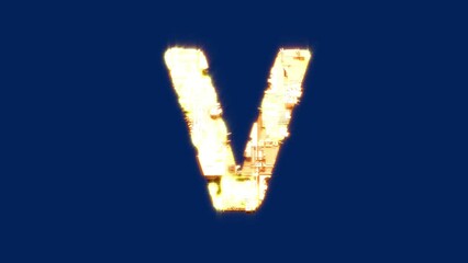Poster - letter V - glowing technologic cybernetic goldish - yellow alphabet, isolated - loop video