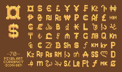 Leinwandbilder - World currency pixel art icon set. Shiny golden currency symbols - dollar, euro, ruble, yen and others. Isolated vector illustration in retro 8-bit game style