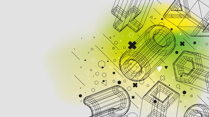 Poster - Structure wireframes figures retrofuturistic abstract gradient background, Vector posters with strange wireframes of geometric shapes modern design inspired by brutalism