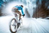 Winter cycling, a man riding a bicycle in snow, action, fun, Generative AI 