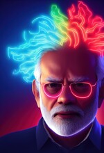 An Indian Man Portrayed As Gaming Character With Large Hair, Medium Shot Centered Frontal Portrait, Soft Neon Bright Lighting