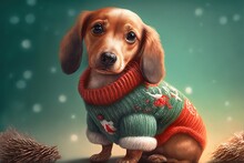 Cute Puppy Dog Wearing A Christmas Sweater, 3D Rendered, Made By Computer