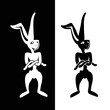 © Dina - Charismatic rabbit character in black and white graphic style. Cheerful brutal Easter Bunny stands with paws folded on his chest. Symbol of 2023. Element for engraving, embossing, laser.