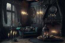 Gothic Mansion Victorian Living Room With Dark Ebony Wall Background Interior Design Illustration