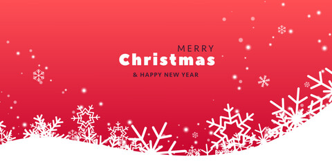 Christmas holiday banner template design with snowflakes flying on the white snow drift winter flat landscape on red background.