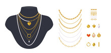 Set Of Trendy Minimalistic Necklaces, Chains, And Beads With Golden And Peral Pendants. Chain Brushes Include. Jewelry Are Displayed On Black Mannequin Busts. Vector Cartoon Clip Art For Fashion Art. 