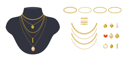 Collection of trendy glamour gold chains, pendants, necklaces and bracelets. Vector cartoon objects isolated on white for fashion and beauty design. 