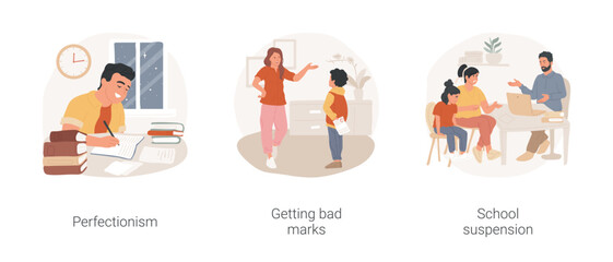 Poster - School student problems isolated cartoon vector illustration set. Perfectionism, stressed student study, getting bad marks, low academic performance, school suspension, exclusion vector cartoon.