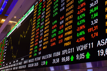 Sao Paulo, Brazil, November 22, 2022. Display with stock quotes in the modern visitor center of B3, Brasil, Bolsa, Balcao, in the headquarters of BOVESPA, Sao Paulo Stock Exchange, in downtown city