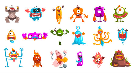 Poster - Cartoon Monster with Spooky Muzzle with Teeth and Bulging Eye Big Vector Set