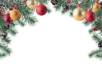 christmas decoration with snow, pine and ball with sparkly background
