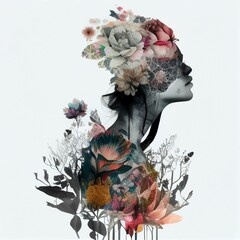 double exposure profile portrait of attractive woman. flowers. digital art illustration ai