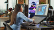 Female artistic editor working on gaming production to create professional content, using touchscreen display. Expert developing 3D scenes and creative graphics on professional software.