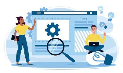 Computer improvement concept. Man and woman fix problems in pc, assistants and consultants. Gadgets and devices, repair. Advertising poster or banner for website. Cartoon flat vector illustration