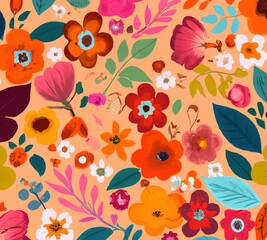 Wall Mural - Seamless floral pattern with bright colorful flowers and leaves. Elegant template for fashion prints