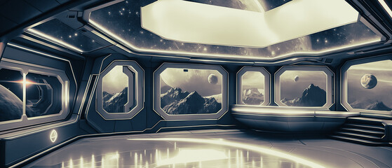 Wall Mural - Artistic concept painting of a futuristic space station interior, background illustration.