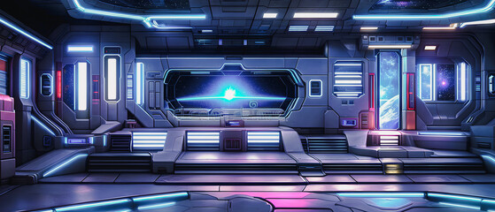 Poster - Artistic concept painting of a futuristic space station interior, background illustration.