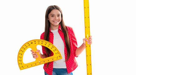 Poster - happy teen girl hold protractor ruler study math at school isolated on white, education. Banner of schoolgirl student. School child pupil portrait with copy space.