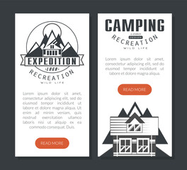 Sticker - Camping and recreation landing page template. mountain expedition, trekking and hiking website, homepage flat vector