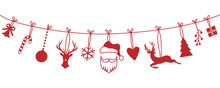 Christmas Ornaments Hanging On A Clothesline, Deer, Reindeer, Santa Claus, Christmas Tree, Red Heart, Illustration Over A Transparent Background, PNG Image
