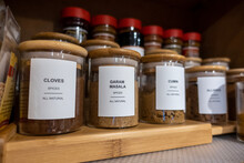 Selective Focus On Blank Labeled Seasoning Jars Inside A Cupboard In A Home Kitchen