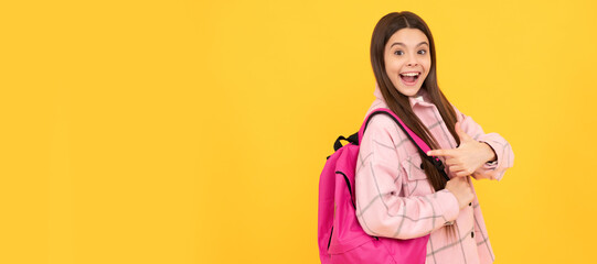 Sticker - back to school. surprised teen girl in checkered shirt. happy kid casual style carry backpack. Banner of school girl student. Schoolgirl pupil portrait with copy space.