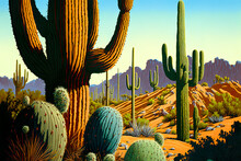Saguaro Cacti Oil Painting, Tucson, Arizona.