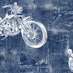 Wall Mural - Patchwork pattern of seamlessly continuous jeans,
Half step repeat Up and down is vertical movement and horizontal is half shift repeat,