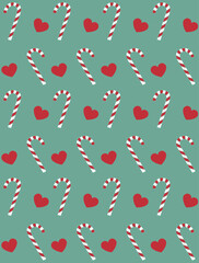 Sticker - Vector seamless pattern of flat outline christmas mint candy and hearts isolated on mint green background