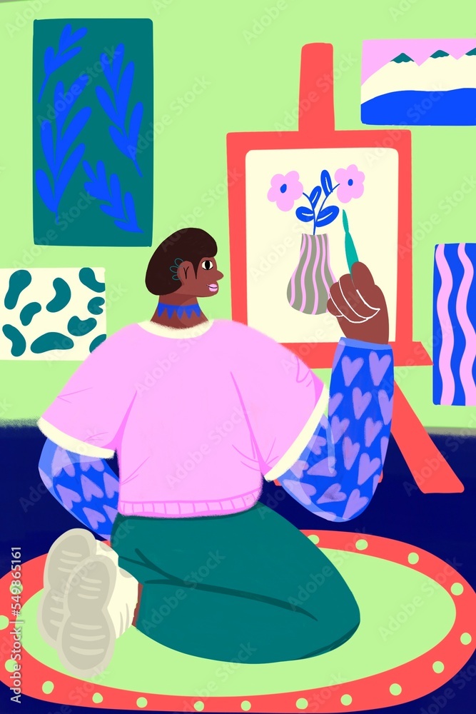 Short haired woman drawing a vase on a canvas inside her painting studio