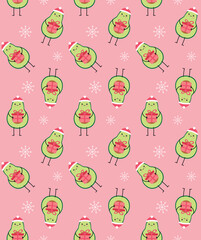 Poster - Vector seamless pattern of hand drawn flat Christmas avocado isolated on pink background