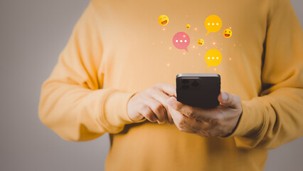 Poster - Man hand using smartphone typing live chat chatting on application communication digital web and social network concept. Social media application chat box.