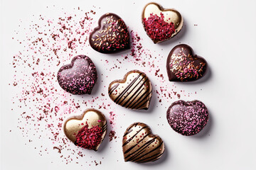 Delicious Chocolates for Valentines Day arranged on a marble slab, white chocolate and dark chocolate truffles with pink and gold accents, Generative AI	