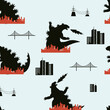 Seamless pattern of a Godzillas and background elements. Godzilla Attack. Monster.
