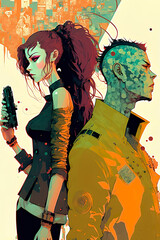 Canvas Print - Futuristic cyberpunk woman and men