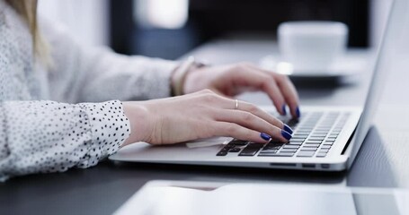 Poster - Business woman, hands or laptop typing in digital marketing office, small business or advertising company. Zoom, employee or technology while working on startup online project or market research
