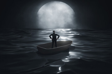 Wall Mural - Business man standing on boat 3d illustration