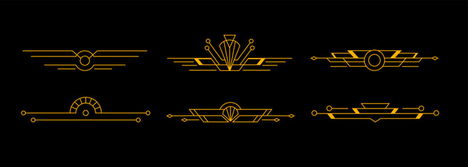 Poster - Art deco ornament set in vector illustration. Golden line art in retro classy and luxury for copy space. Premium vintage design element for tittle and text