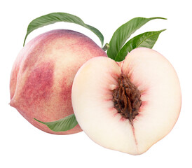 Wall Mural - white peach fruit with leaf on white background, fresh white peach on white background png file.