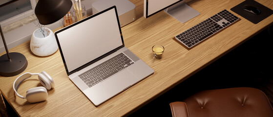 Top view, Cozy Scandinavian home working space with laptop mockup and decor on wood table