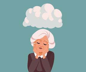 Wall Mural - Unhappy Senior Woman Feeling Down and Anxious Vector Illustration. Elderly person feeling alone suffering from depression after retirement 
