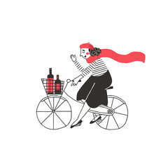 Parisian girl riding a bike. Chic french woman carries a basket with a bottle of wine in it. Mime girl wearing beret and scarf vector hand drawn illustration in flat style