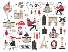 Parisian Aesthetic Collection With Famous Sights. French Culture And Architecture Concept. Hand Drawn Paris Symbols Set Vector Illustration